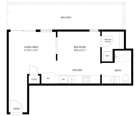 A black and white floor plan of a small apartment with a living area, bedroom, kitchen, bathroom, and entry.